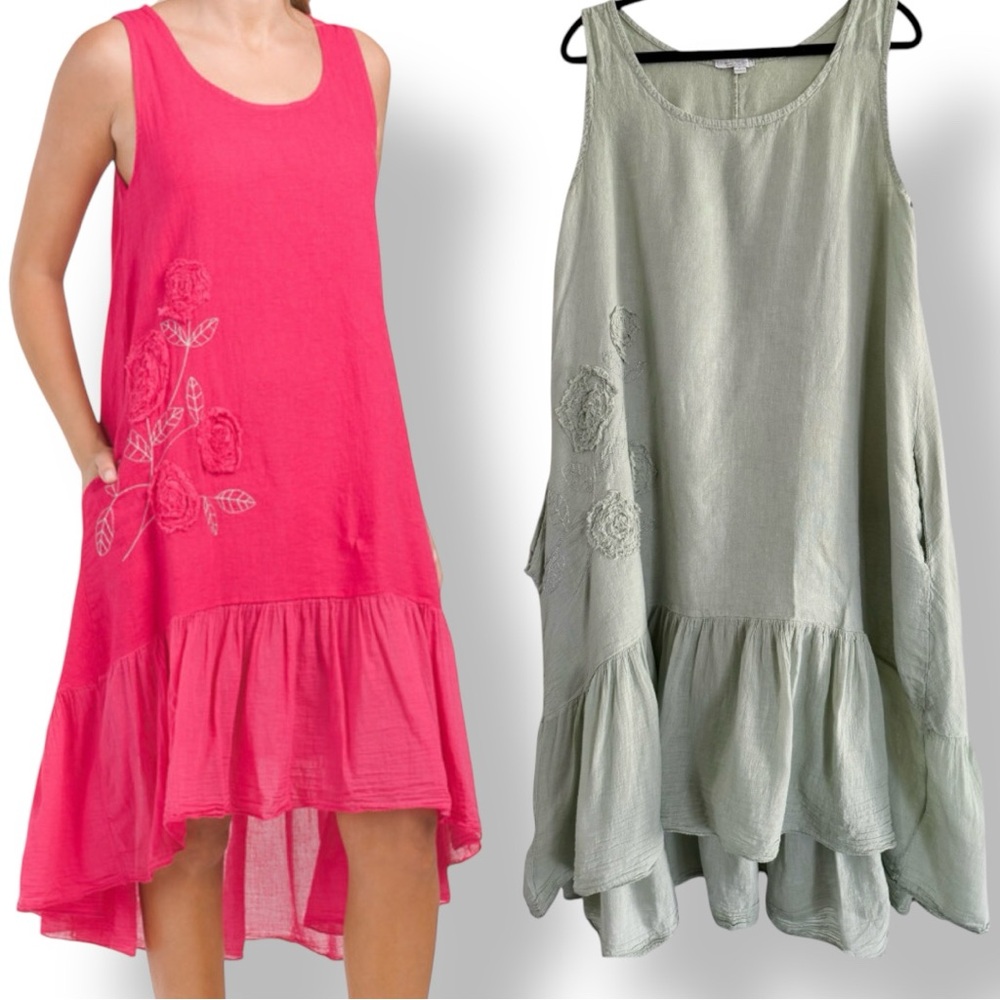 Sleeveless Embroidered Ruffle Hem Sundress - grey/green